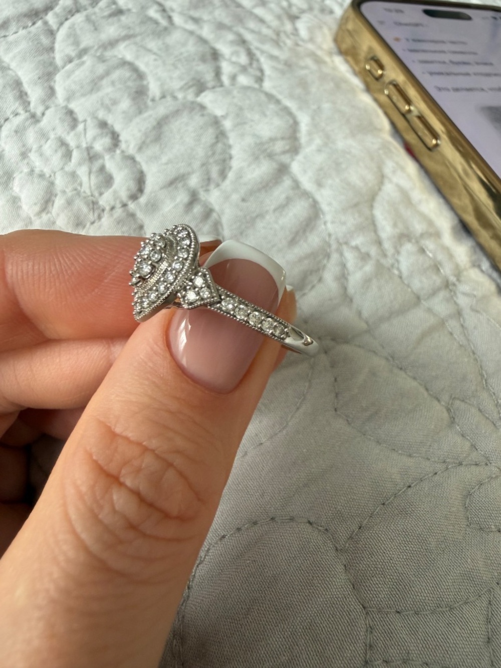 10K Gold Diamond Halo Ring Teardrop Cluster Elegant Ring - Picture 4 of 8